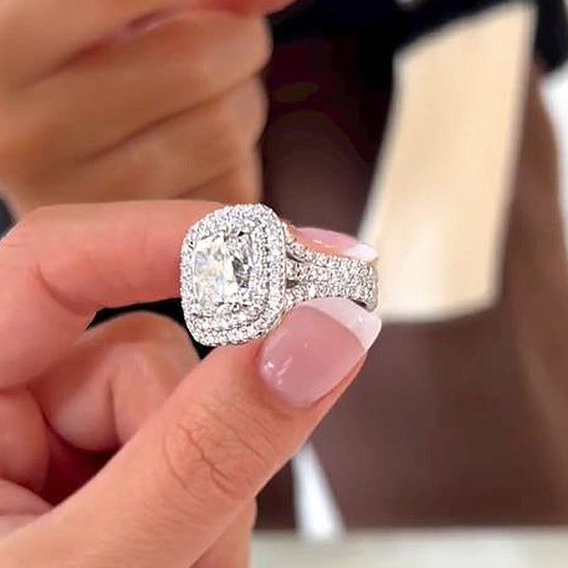 Double Halo Three Shank 6.5Ct Cushion Cut Engagement Ring