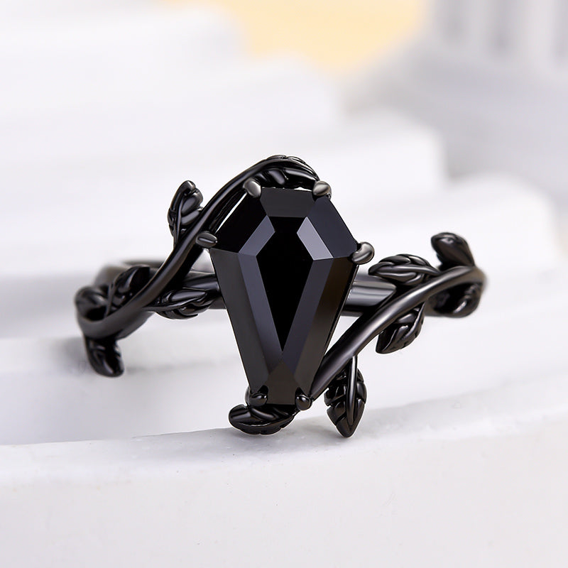 Vintage Leaf Design Black Stone Coffin Cut Engagement Ring In Sterling Silver