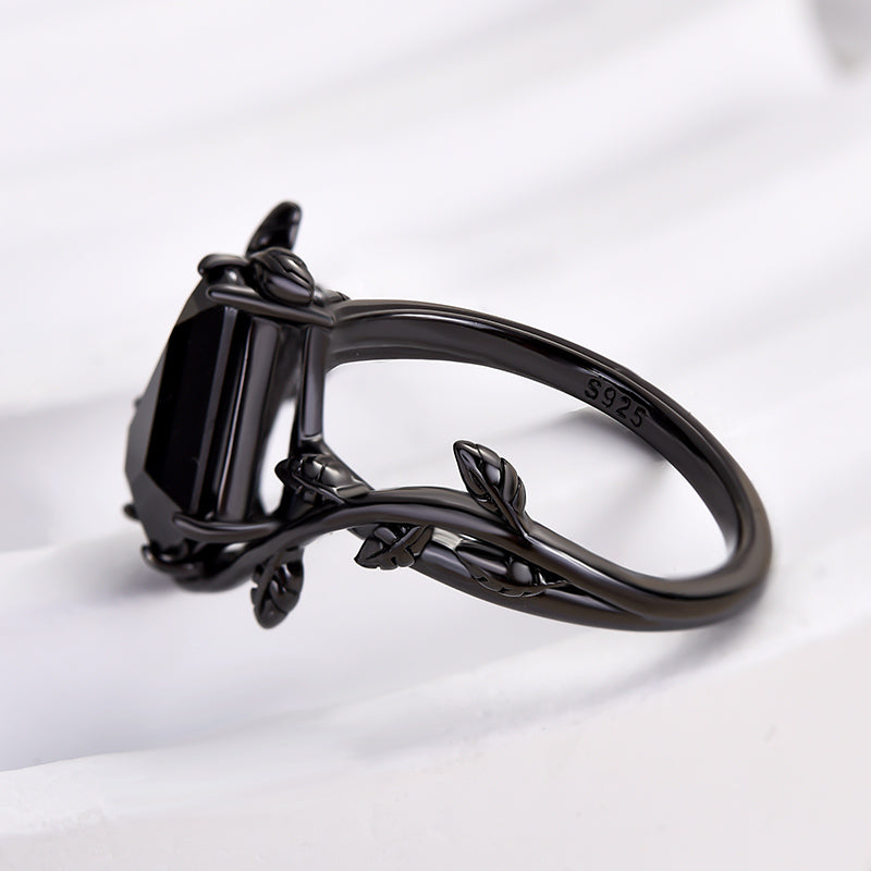 Vintage Leaf Design Black Stone Coffin Cut Engagement Ring In Sterling Silver