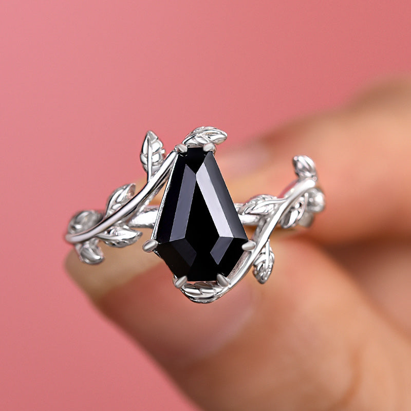Vintage Leaf Design Black Stone Coffin Cut Engagement Ring In Sterling Silver