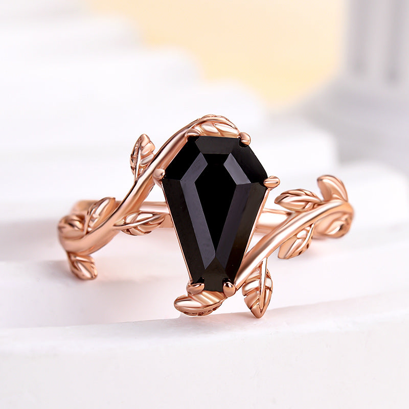 Vintage Leaf Design Black Stone Coffin Cut Engagement Ring In Sterling Silver