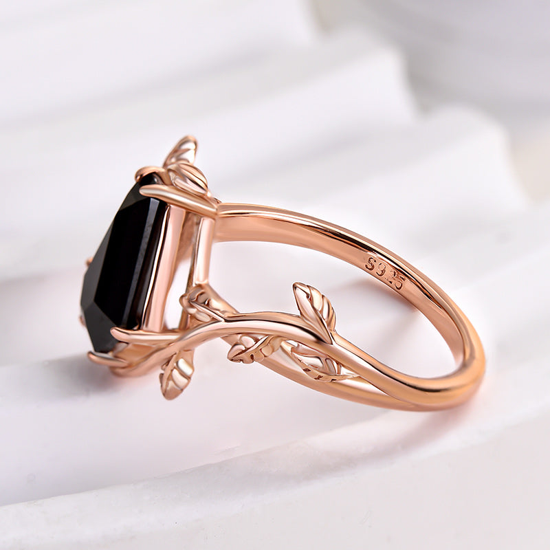 Vintage Leaf Design Black Stone Coffin Cut Engagement Ring In Sterling Silver