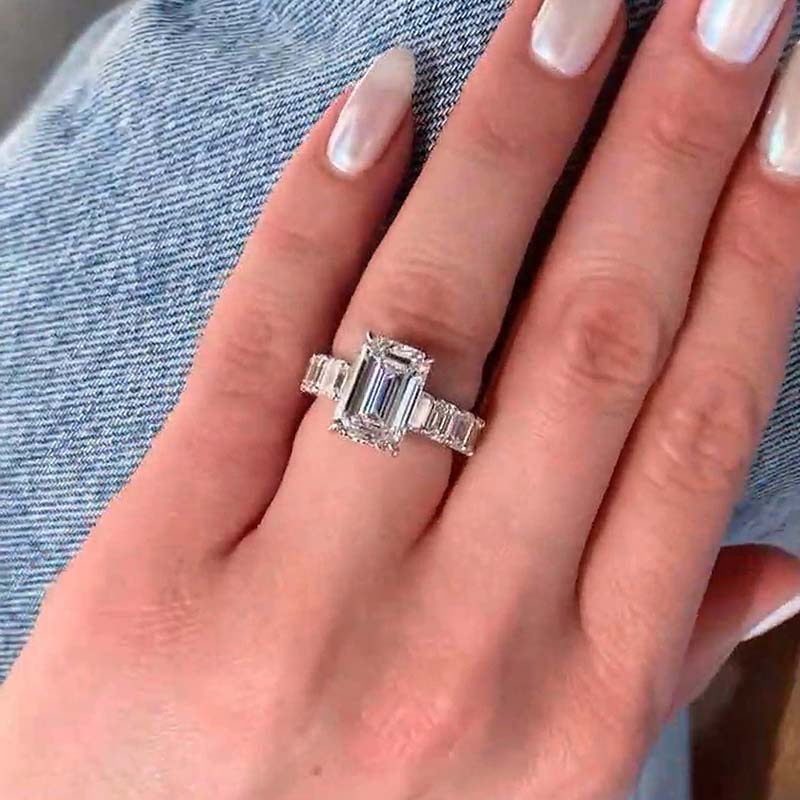 Luxury Emerald Cut Engagement Ring In Sterling Silver
