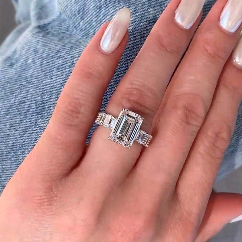 Luxury Emerald Cut Engagement Ring In Sterling Silver