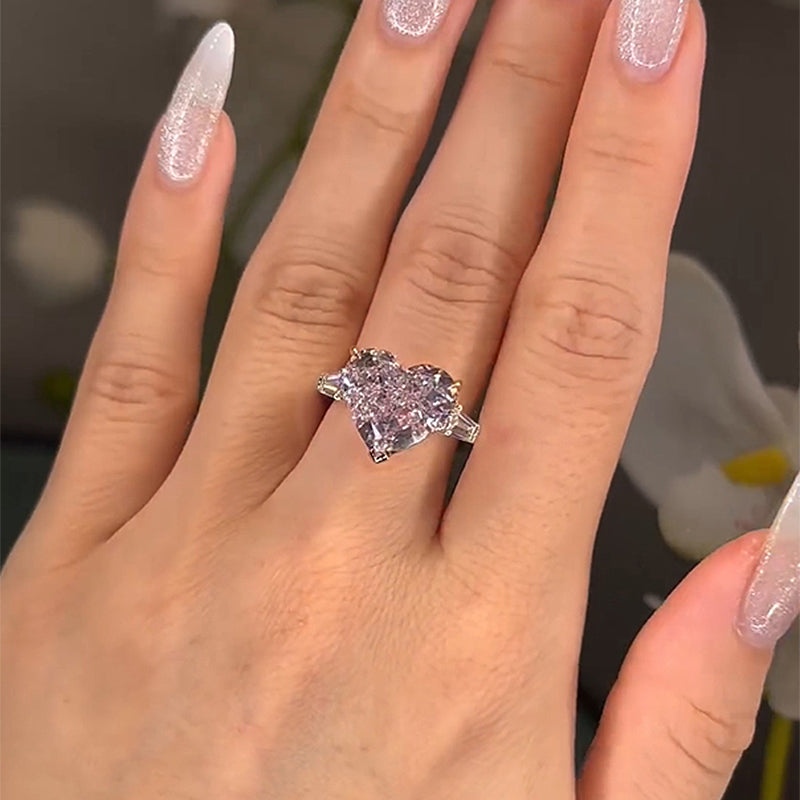 Excellent Three Stone Pink Stone Heart Cut Engagement Ring
