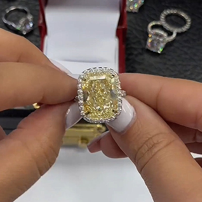 Ahabobo Yellow Stone Halo Two-Tone Elongated Cushion Cut Engagement Ring