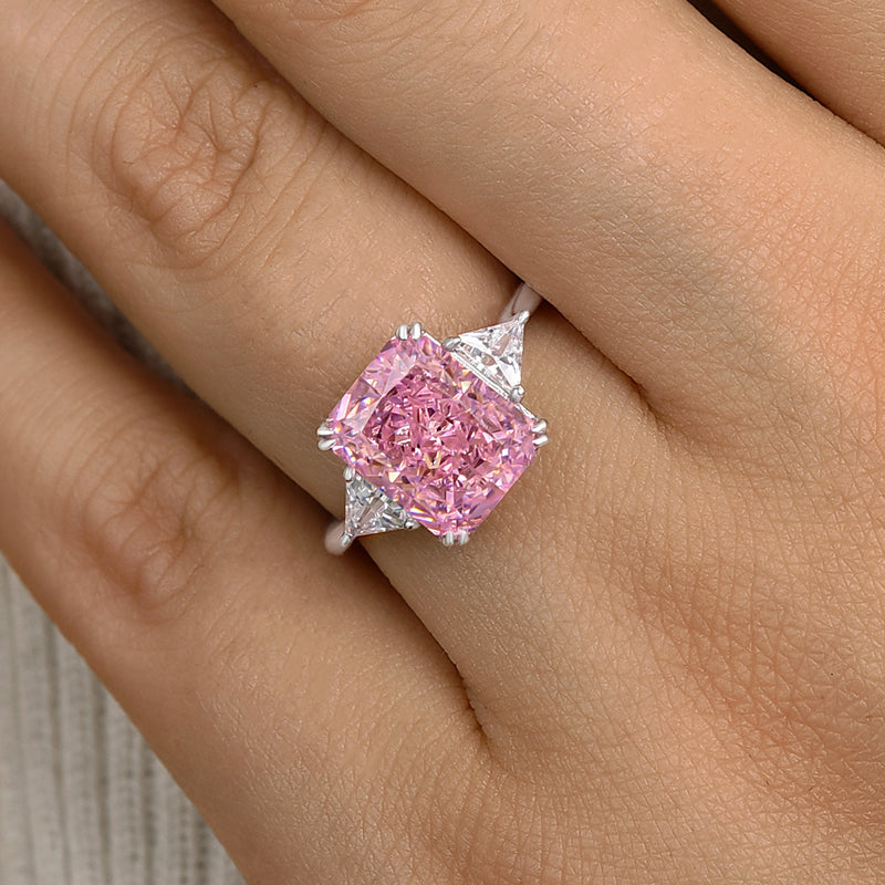 Lovely Radiant Cut Three Stone Pink Stone Engagement Ring