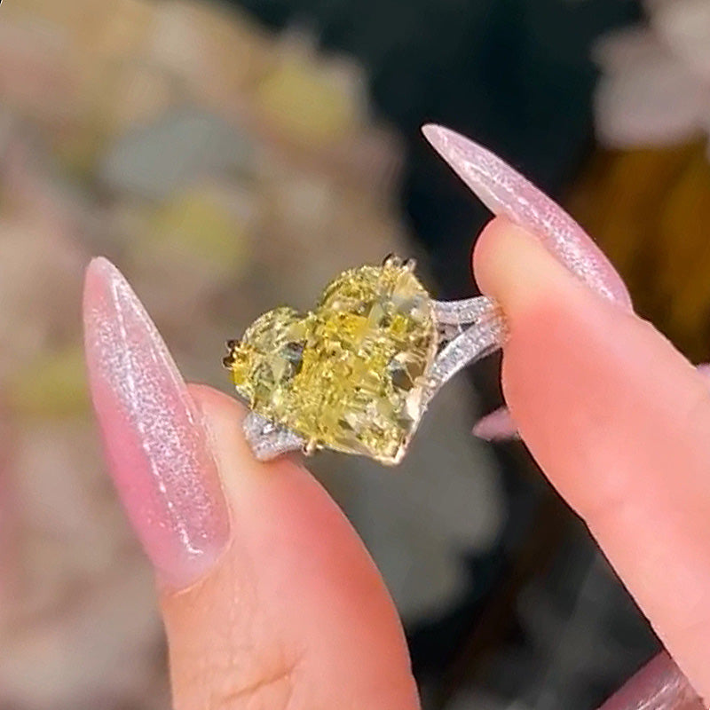 Ahabobo Exquisite Yellow Stone Heart Cut Two Tone Engagement Ring