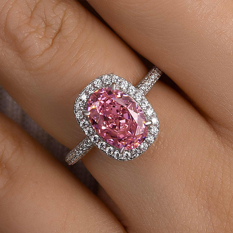 Ahabobo Special Pink Stone Halo Oval Cut Engagement Ring