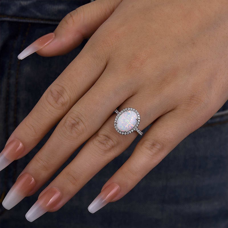 Ahabobo Unique Opal Stone Halo Oval Cut Engagement Ring