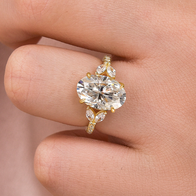 Ahabobo Moissanite 4.0 Ct Oval and Angled Marquise Five Stone Engagement Ring