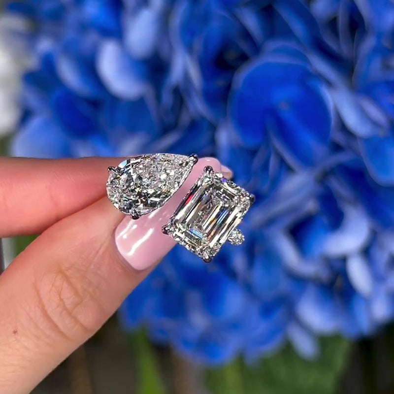 Maxine Unique Toi et Moi Design Emerald Cut & Pear Cut Engagement Ring