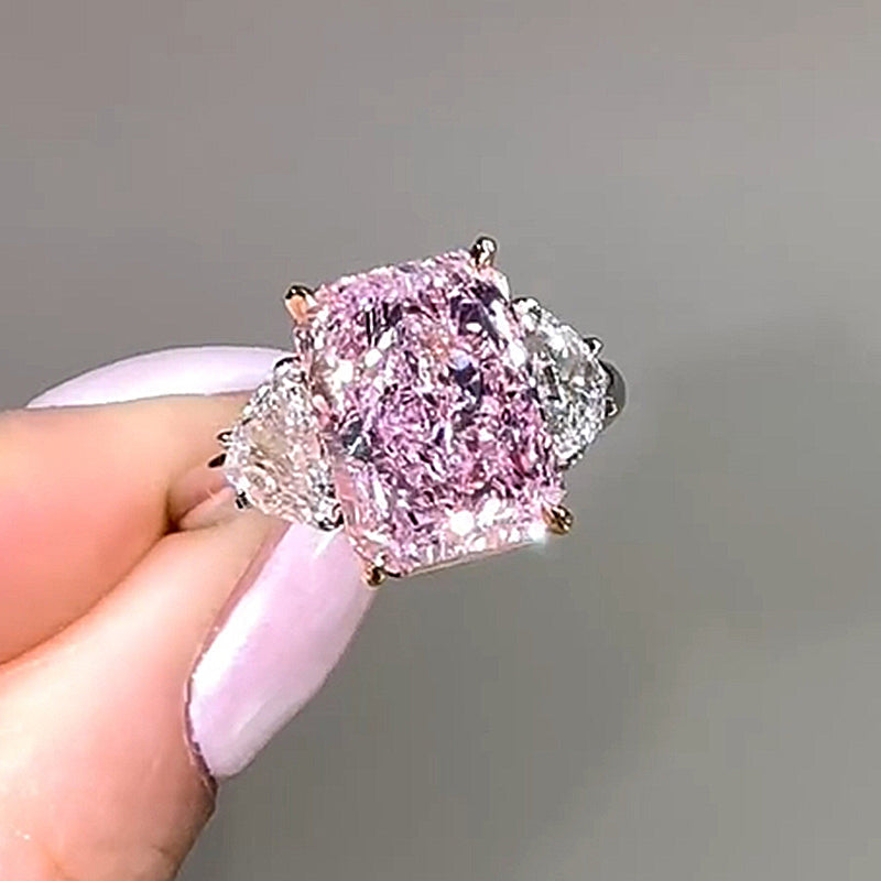 Maxine Gorgeous Pink Stone Radiant Cut Three Stone Engagement Ring
