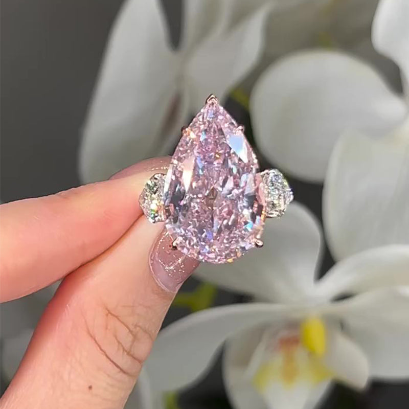 Ahabobo Lovely Pink Stone 8.0Ct Pear Cut Sapphire Three Stone Engagement Ring