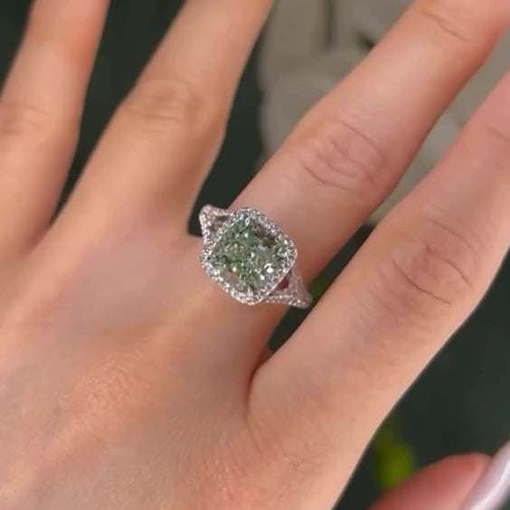 Maxine Vintage Green Stone Split Shank Cushion Cut Engagement Ring