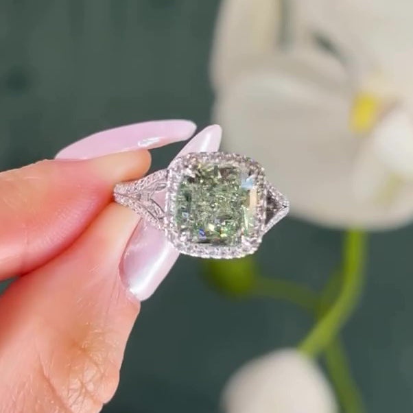 Maxine Vintage Green Stone Split Shank Cushion Cut Engagement Ring