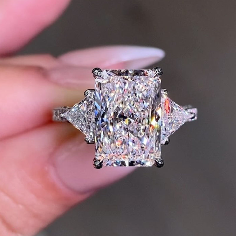 5.0 Carat Radiant Cut Three Stone Engagement Ring With Hidden Halo