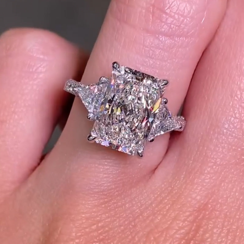 5.0 Carat Radiant Cut Three Stone Engagement Ring With Hidden Halo