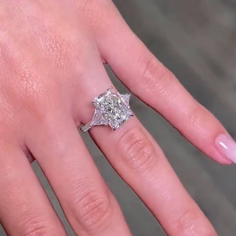 5.0 Carat Radiant Cut Three Stone Engagement Ring With Hidden Halo