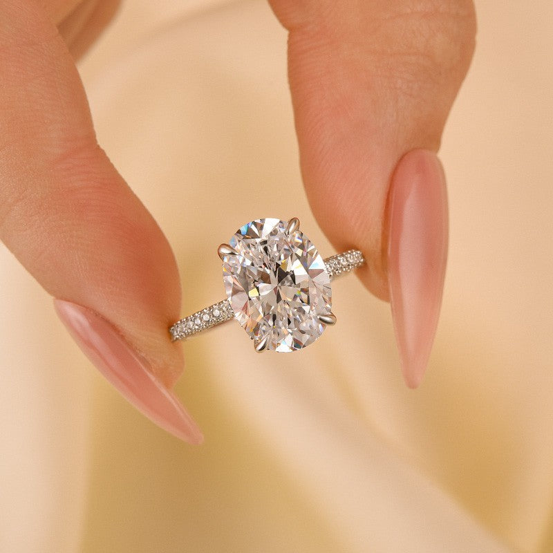 Classic 4.25Ct Oval Cut Engagement Ring With Hidden Halo In Sterling Silver
