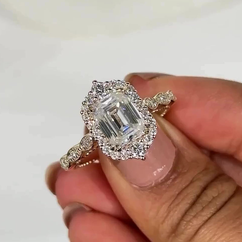 Maxine Vintage Halo Emerald Cut Engagement Ring In Sterling Silver