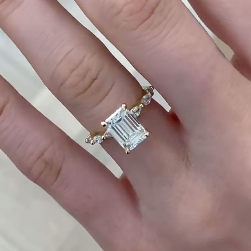 Ahabobo Yellow Gold Emerald Cut Engagement Ring For Women