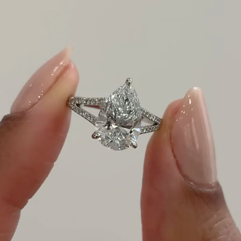 Maxine Unique Split Shank Pear Cut Engagement Ring In Sterling Silver
