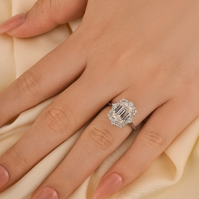 Vintage 3.0Ct Halo Emerald Cut White Stone Engagement Ring In Sterling Silver