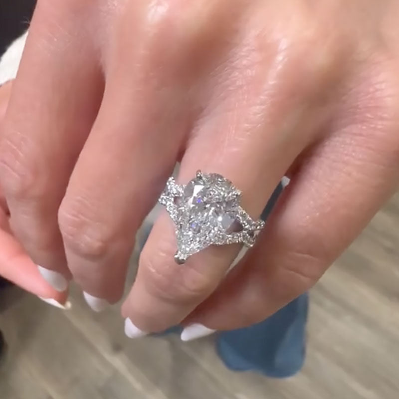 Ahabobo Split Shank Unique Pear Cut Engagement Ring In Sterling Silver