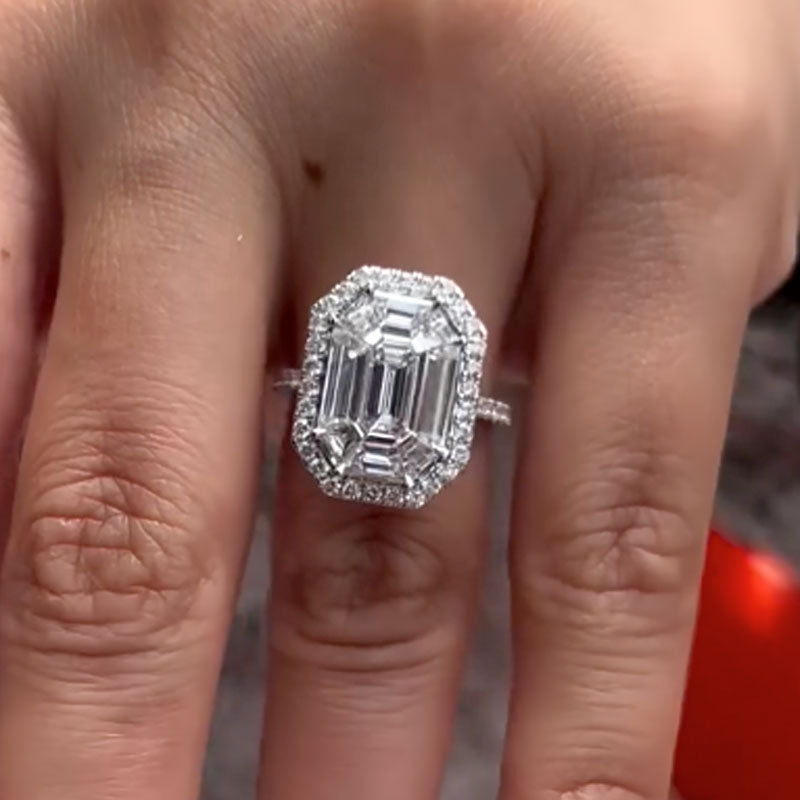 Ahabobo Classic Halo 5.0Ct Emerald Cut Engagement Ring For Women