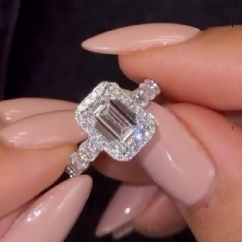 Ahabobo Dainty 2.5Ct Halo Emerald Cut Engagement Ring For Women
