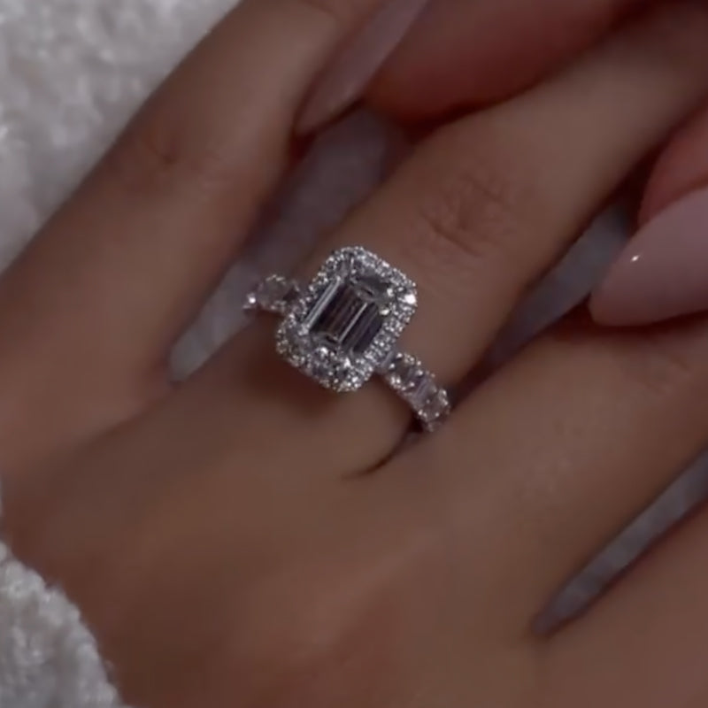 Ahabobo Dainty 2.5Ct Halo Emerald Cut Engagement Ring For Women