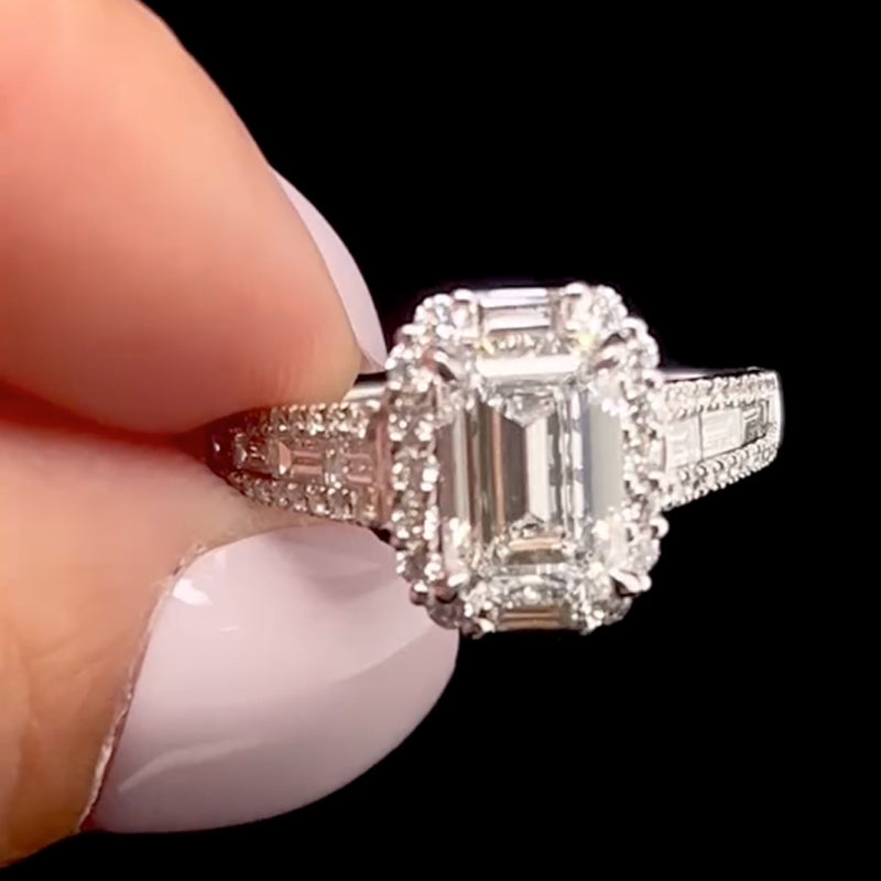 Luxurious Halo Emerald Cut Engagement Ring In Sterling Silver