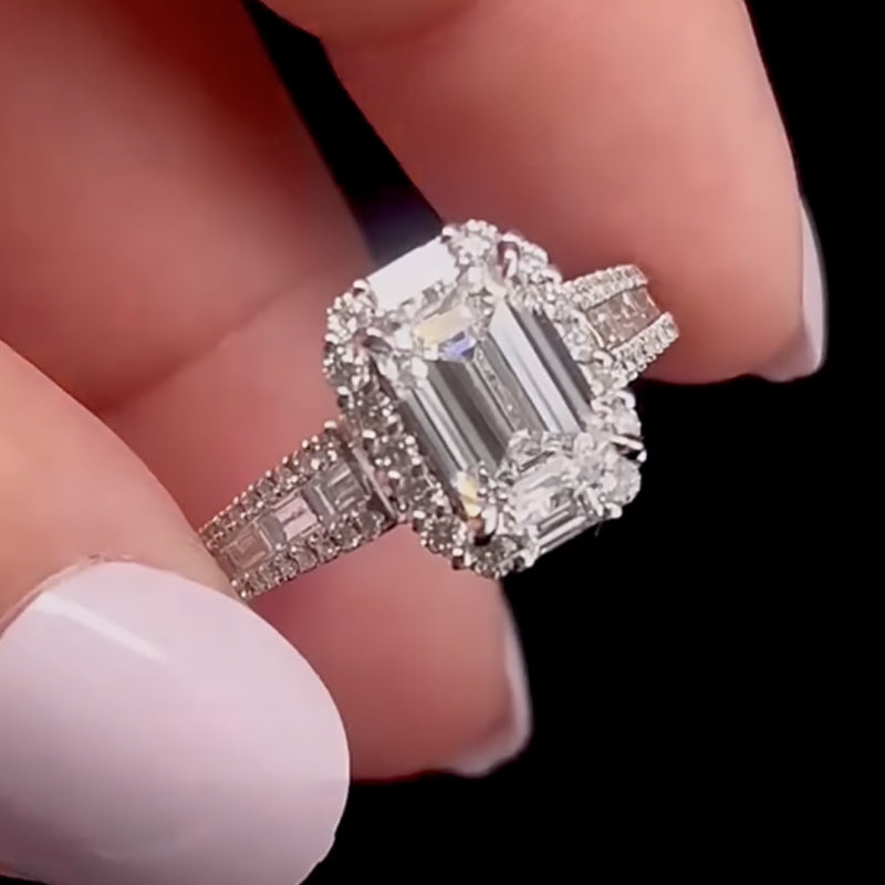 Luxurious Halo Emerald Cut Engagement Ring In Sterling Silver