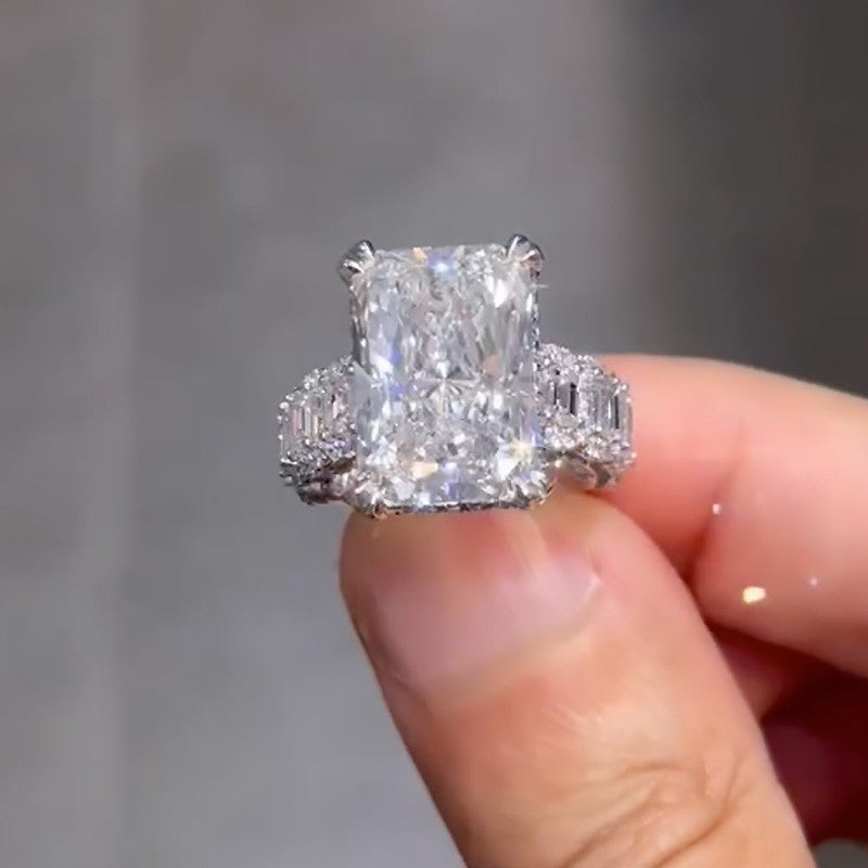 10.0Ct Radiant Cut Engagement Ring Travel Ring With Emerald Cut Band Stone