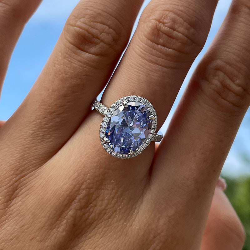 Light Blue Sapphire Halo Oval Cut Engagement Ring for Women In Sterling Silver