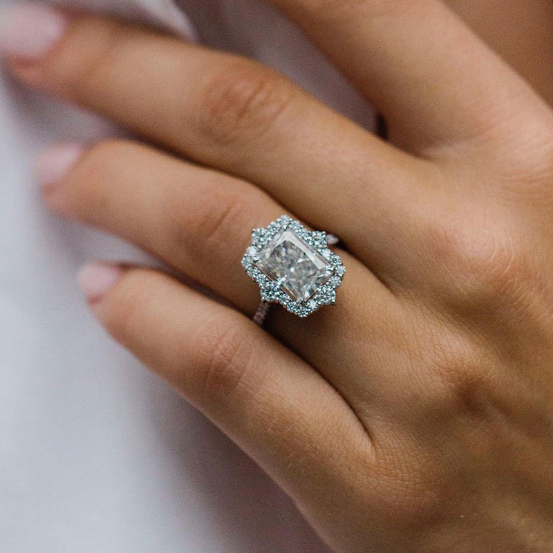 Gorgeous Halo Radiant Cut Simulated Diamond Engagement Ring In Sterling Silver