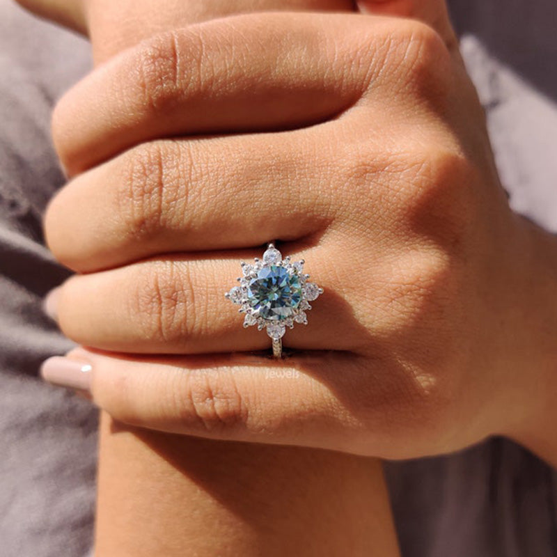 Cyan Blue Moissanite Snowflake Design 2.0 Carat Halo Round Cut Engagement Ring