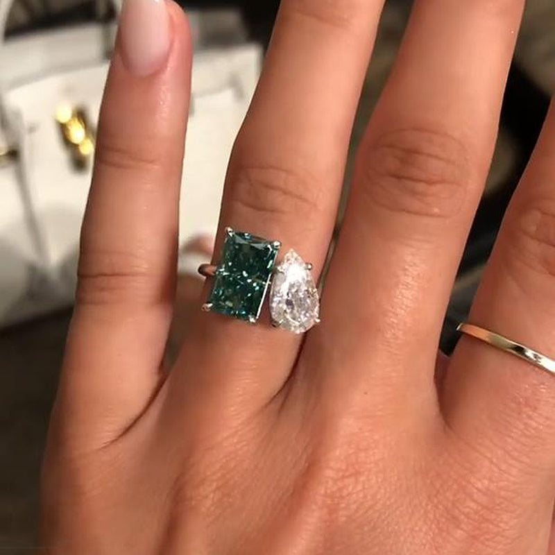 Unique Two Stones Design Radiant & Pear Cut Engagement Ring In Sterling Silver