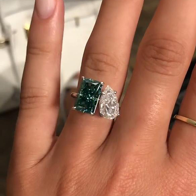 Unique Two Stones Design Radiant & Pear Cut Engagement Ring In Sterling Silver