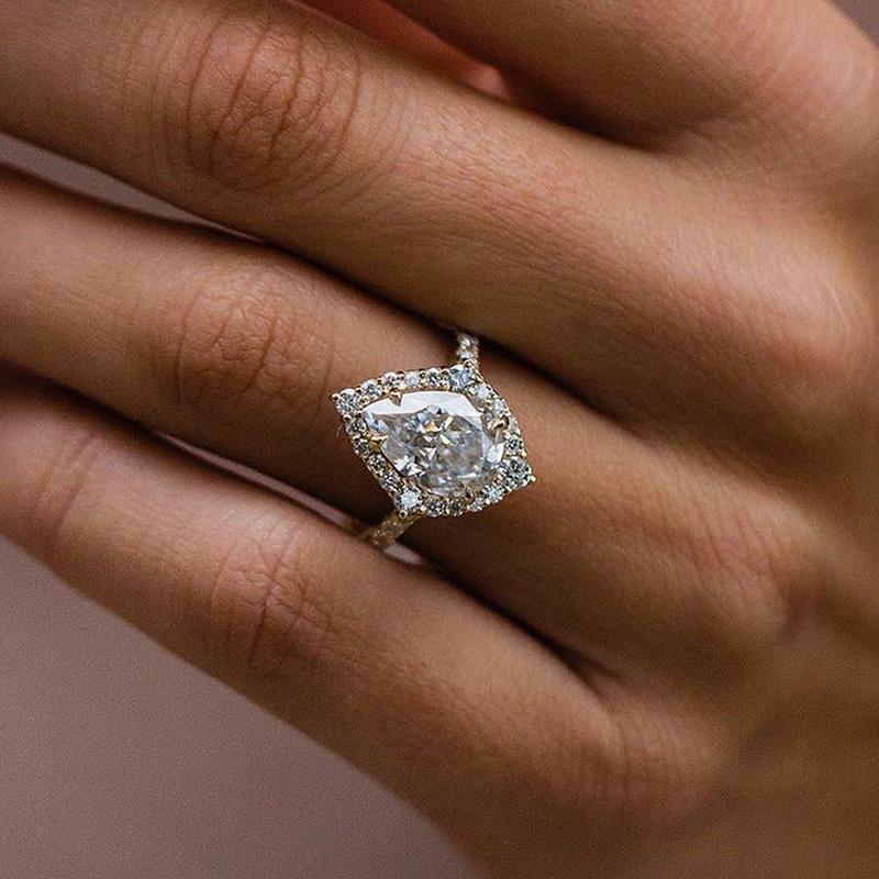 Stunning Yellow Gold Halo Pear Cut Elegant Engagement Ring In Sterling Silver