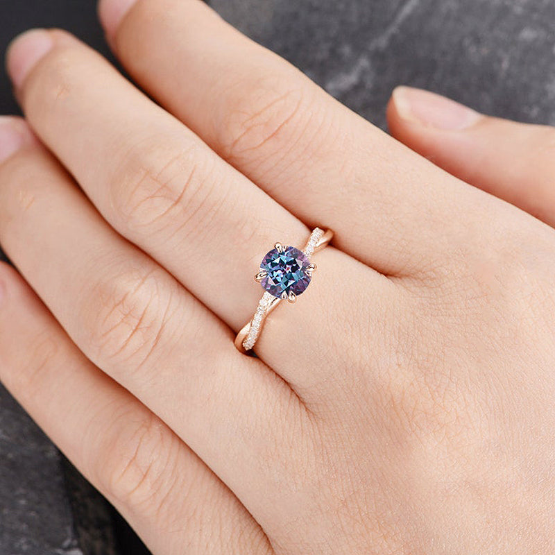 Alexandrite Rose Gold Twist Round Cut Engagement Ring For Her In Sterling Silver