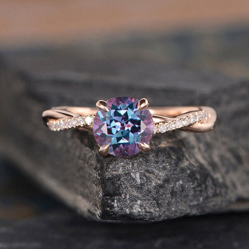 Alexandrite Rose Gold Twist Round Cut Engagement Ring For Her In Sterling Silver