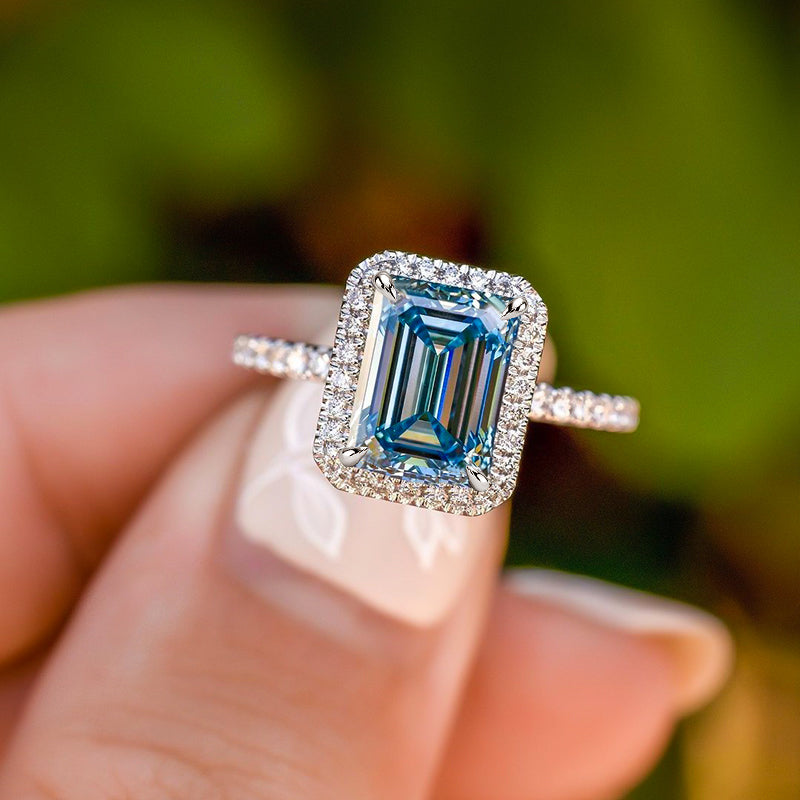 Halo Emerald Cut Light Aquamarine Blue Engagement Ring In Sterling Silver