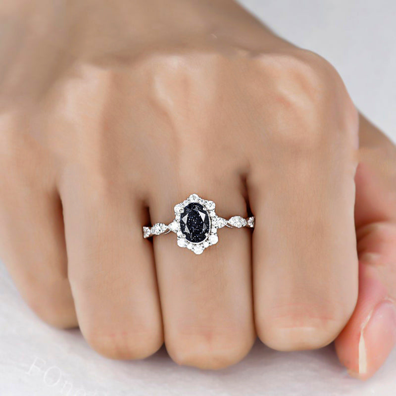 Vintage Halo Oval Cut Black Sandstone Engagement Ring In Sterling Silver