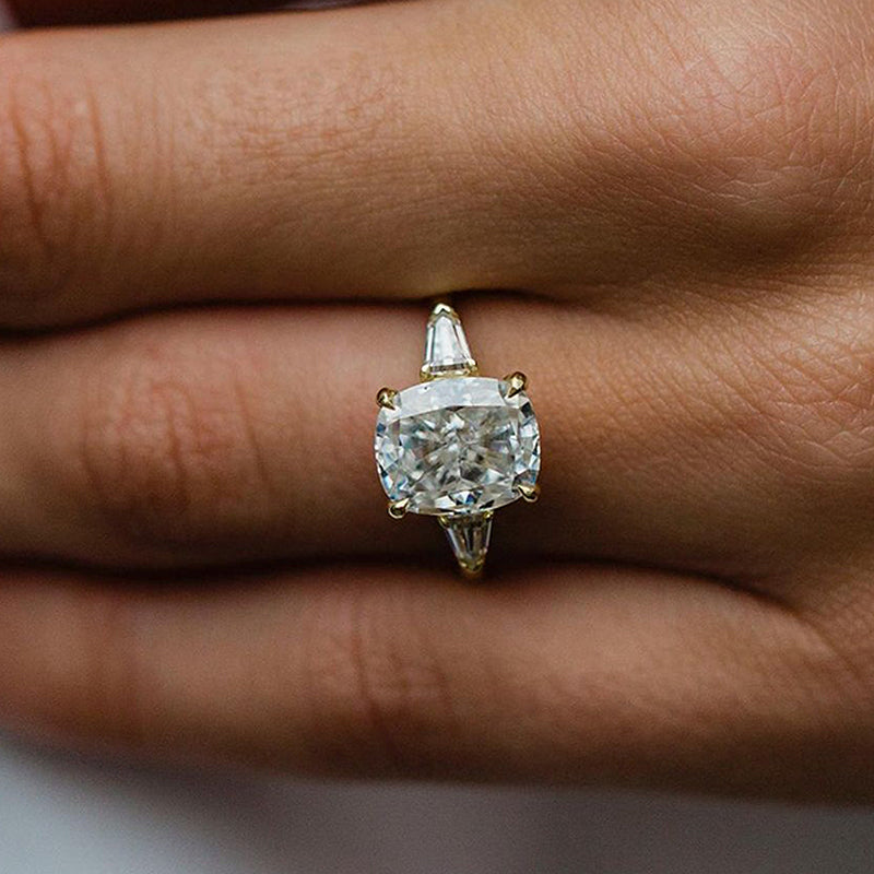 Exquisite Yellow Gold Cushion Cut Three Stone Engagement Ring In Sterling Silver