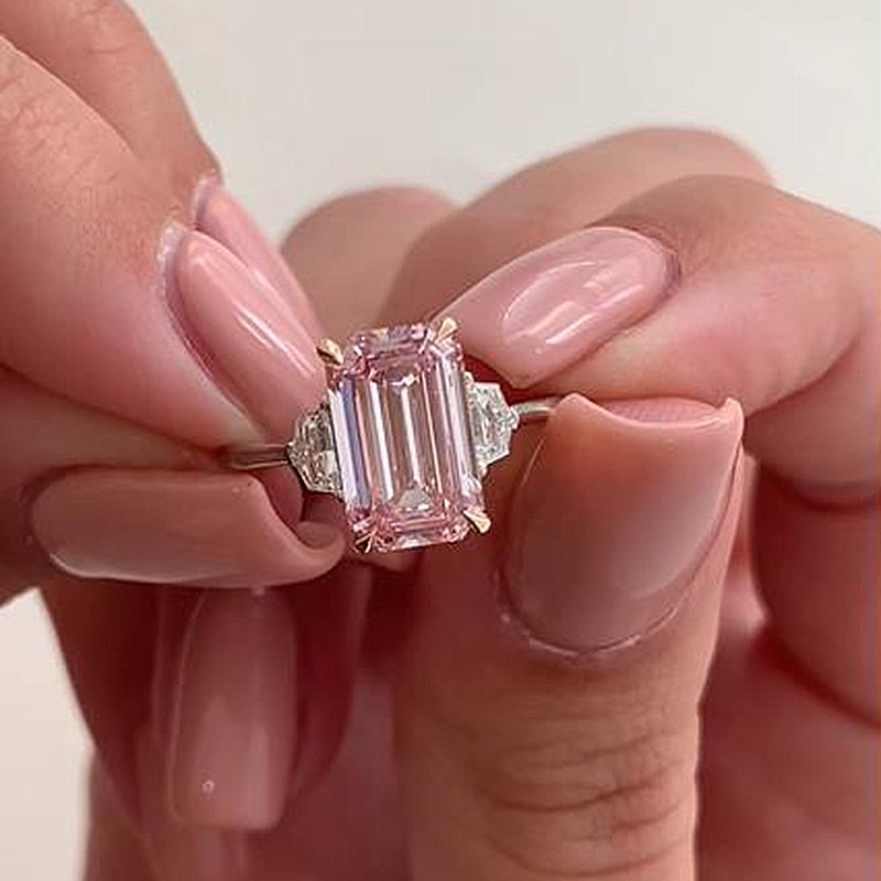 Gorgeous Emerald Cut Morganite Pink Three Stone Engagement Ring In Sterling Silver