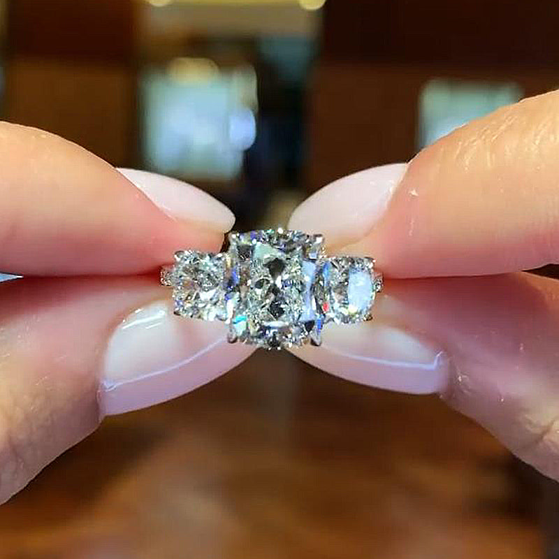 Stunning Cushion Cut Three Stone Engagement Ring In Sterling Silver