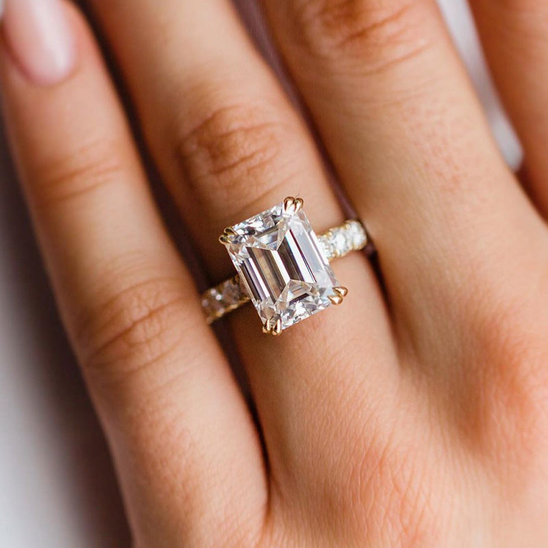 Stunning Yellow Gold Emerald Cut Engagement Ring In Sterling Silver