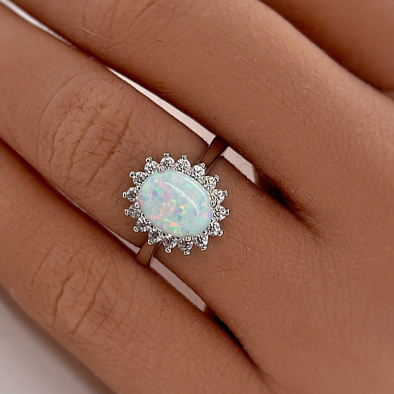 Elegant Halo Oval Cut Opal Stone Engagement Ring In Sterling Silver